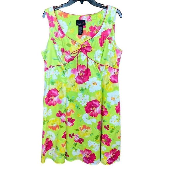 Scarlett Dresses & Skirts - Scarlett Dress Midi Empire Waist Scoop Neck Floral Green Pink Yellow Side Zip 14